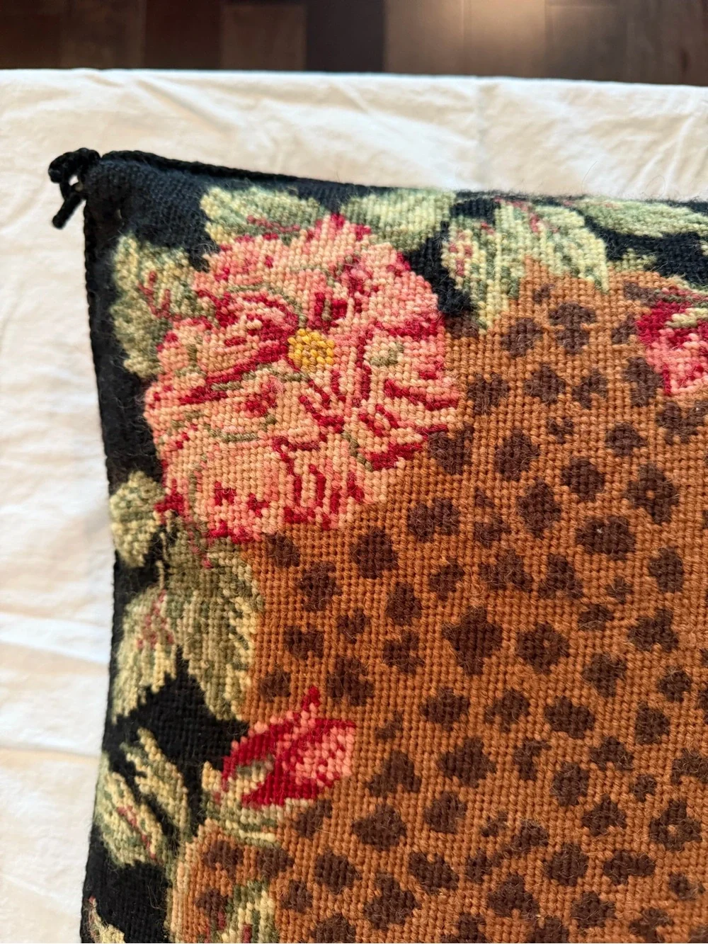 Floral Needlepoint Accent Pillow in Black, Pink & Brown
